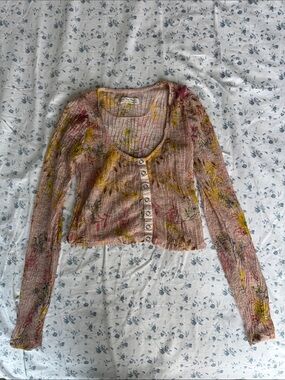 We The Free Pink Floral Ribbed Button-Front Crop Top SMALL